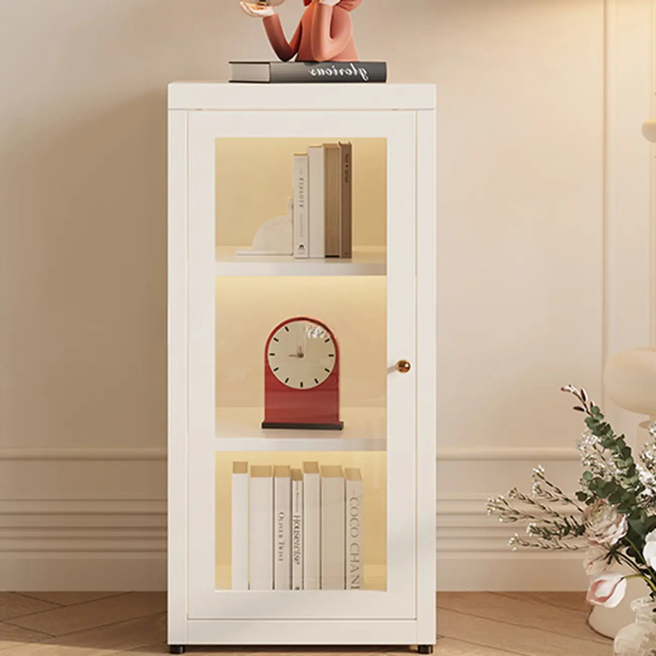 Modern Glass Door 3-Shelf Steel Green Frame Bookcase