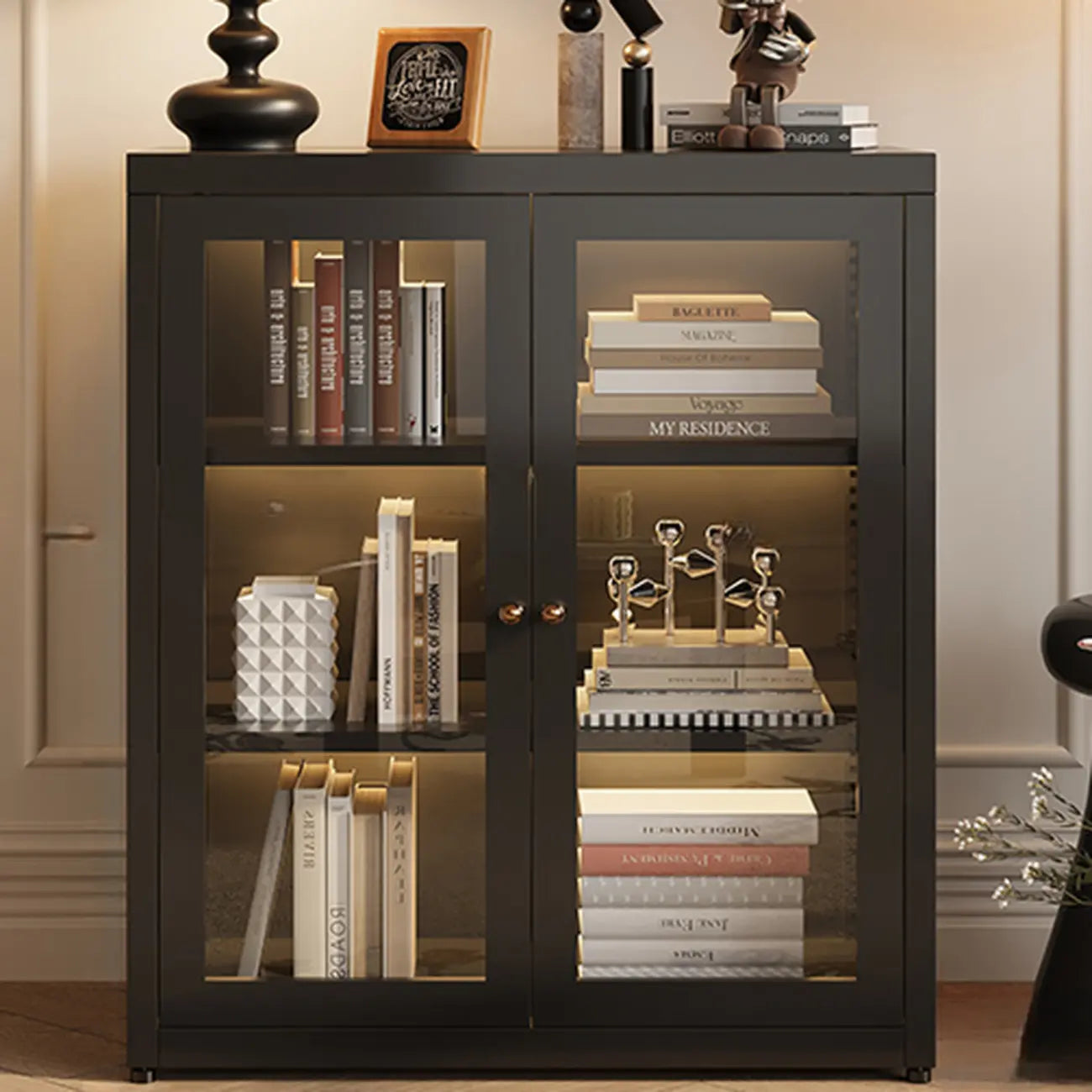 Modern Glass Door 3-Shelf Steel Green Frame Bookcase