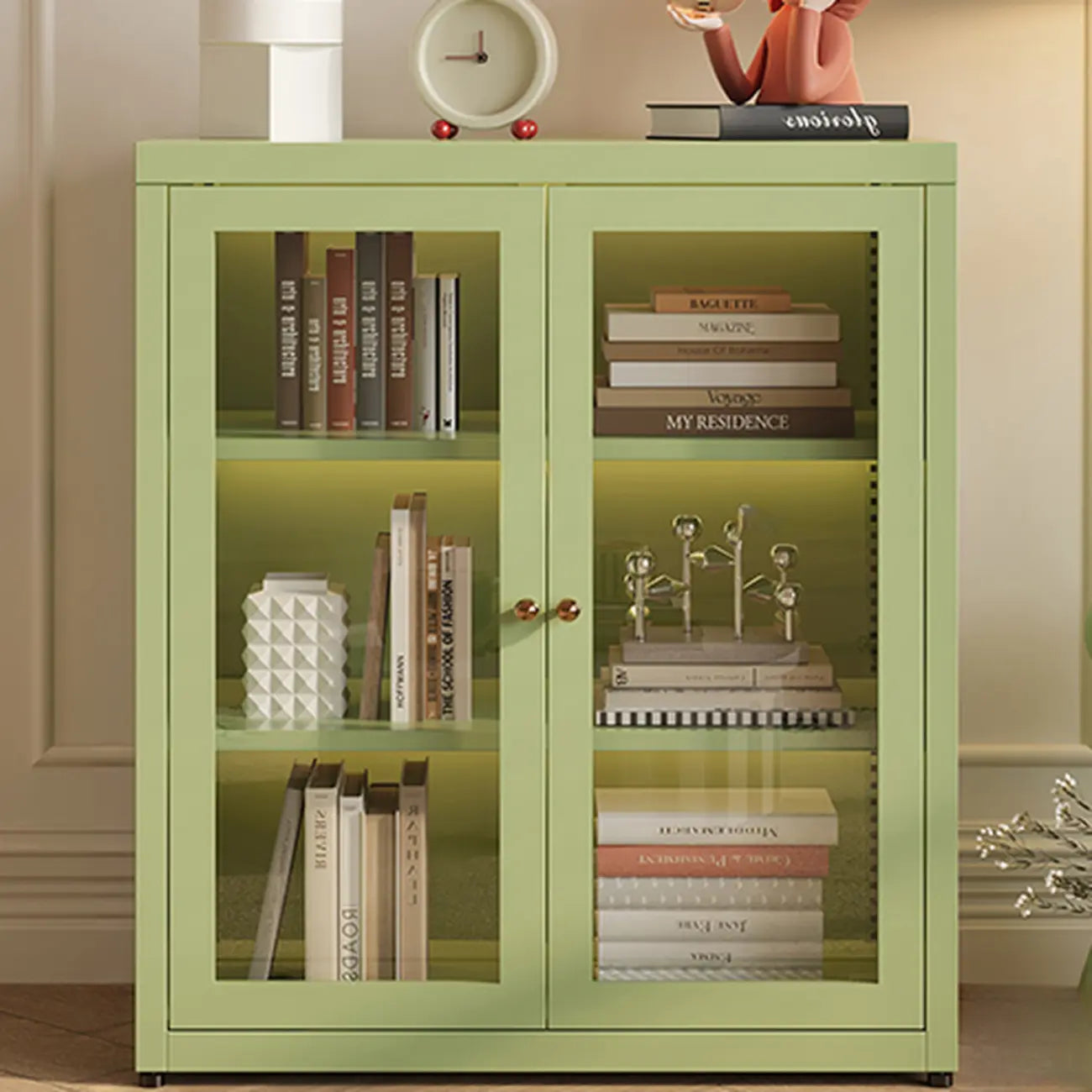 Modern Glass Door 3-Shelf Steel Green Frame Bookcase