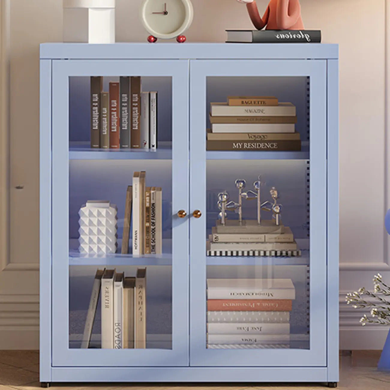 Modern Glass Door 3-Shelf Steel Green Frame Bookcase