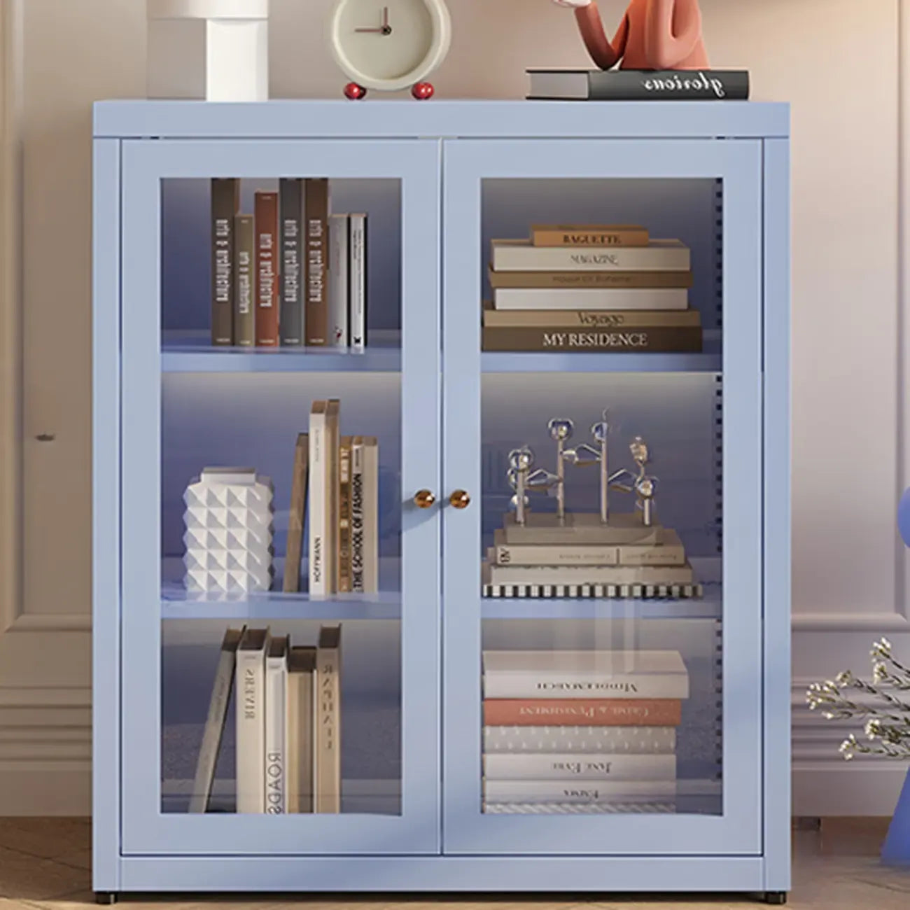 Modern Glass Door 3-Shelf Steel Green Frame Bookcase