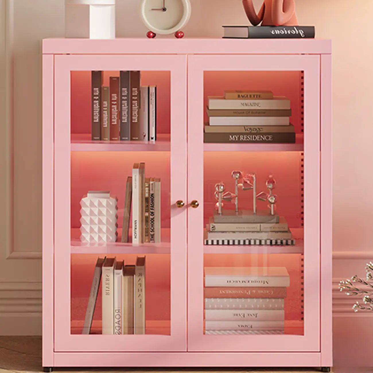 Modern Glass Door 3-Shelf Steel Green Frame Bookcase