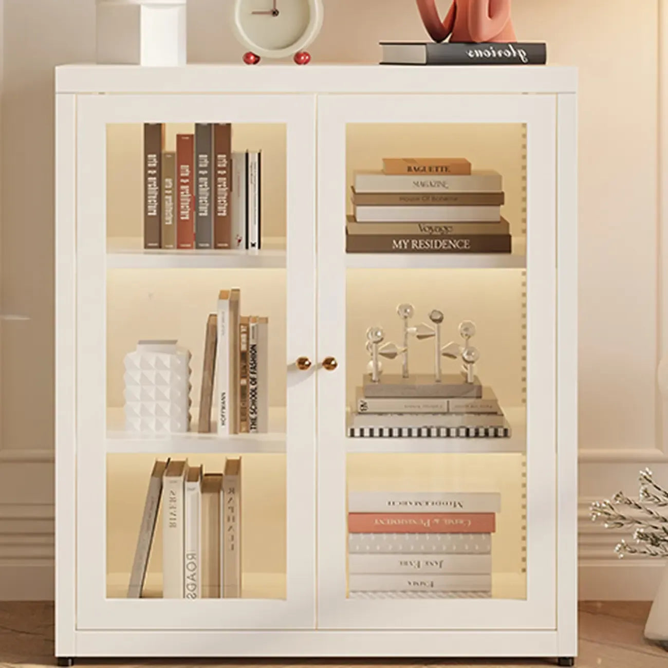 Modern Glass Door 3-Shelf Steel Green Frame Bookcase