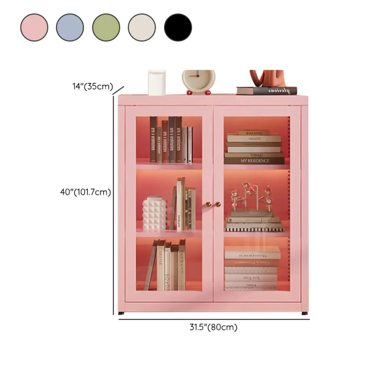 Modern Glass Door 3-Shelf Steel Green Frame Bookcase