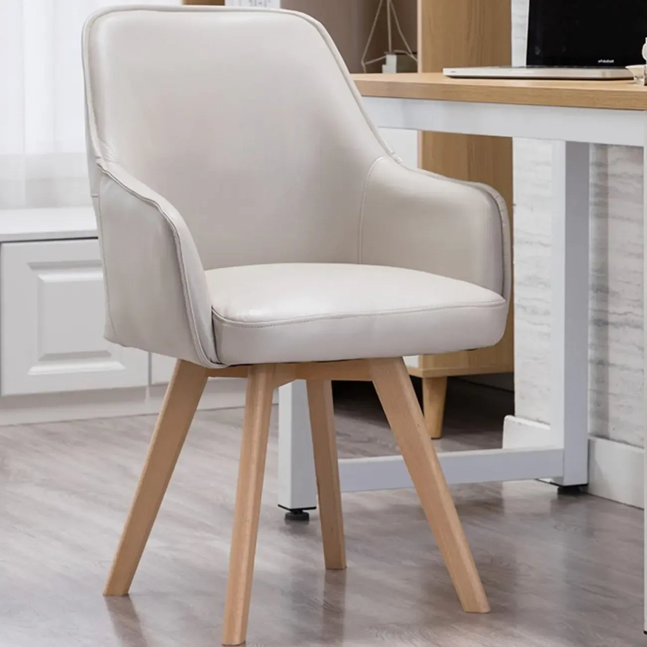 Scandinavian Leather Swivel Dining Chair with Wood Legs