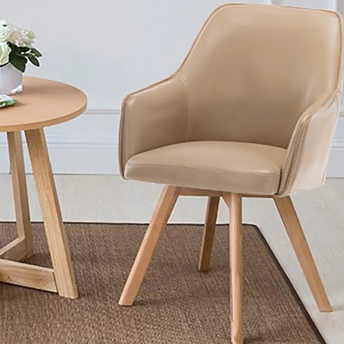 Scandinavian Leather Swivel Dining Chair with Wood Legs