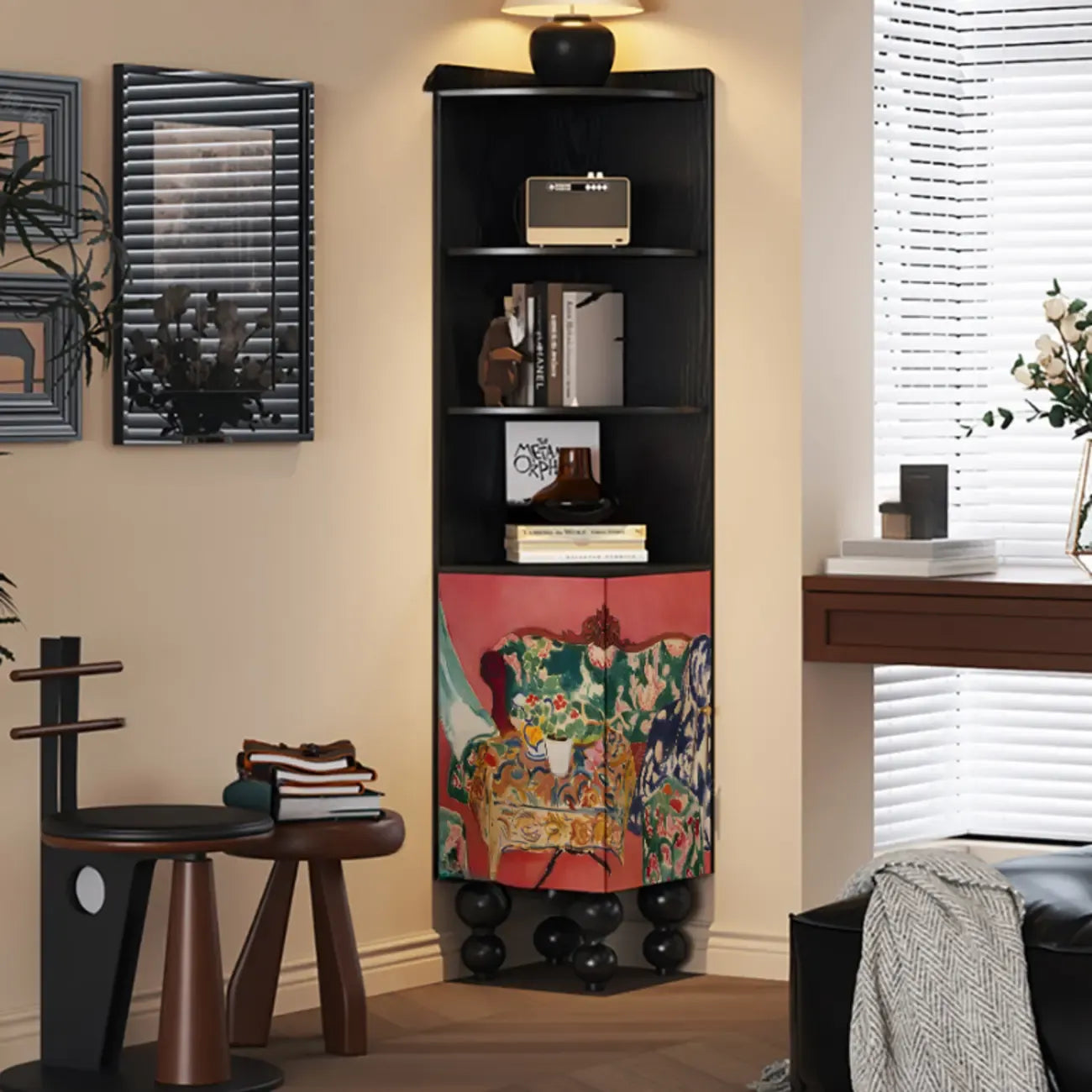 Traditional Black Wood Open Storage Corner Display Cabinet