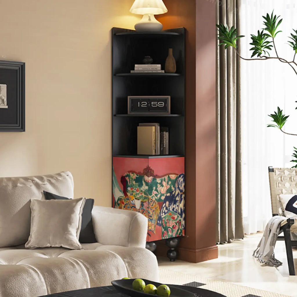 Traditional Black Wood Open Storage Corner Display Cabinet