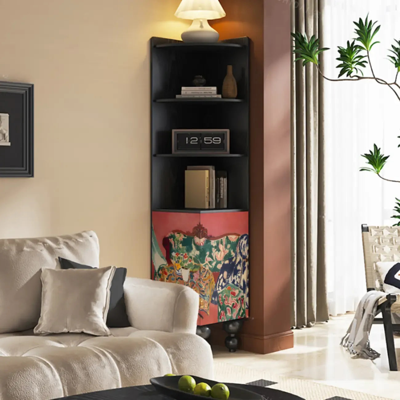 Traditional Black Wood Open Storage Corner Display Cabinet