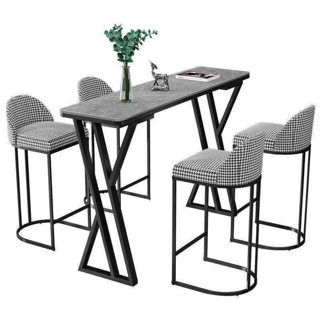 Rectangular Sleek Stone Top Metal Gray Double Pedestal Bar Table