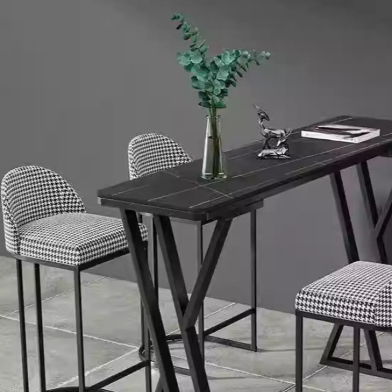 Rectangular Sleek Stone Top Metal Gray Double Pedestal Bar Table