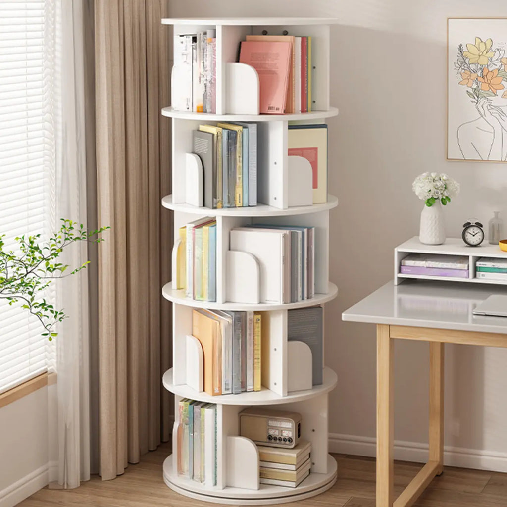 Brown Cylindrical Wooden Rotating Open-Back Bookcase
