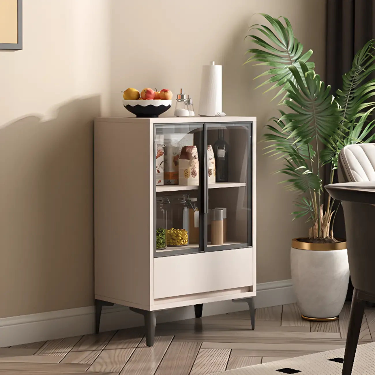 Khaki Wooden Adjustable Shelf Display Cabinet with Drawer