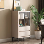 Khaki Wooden Adjustable Shelf Display Cabinet with Drawer