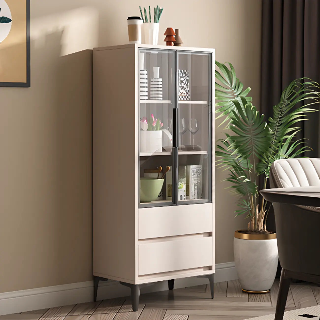 Khaki Wooden Adjustable Shelf Display Cabinet with Drawer