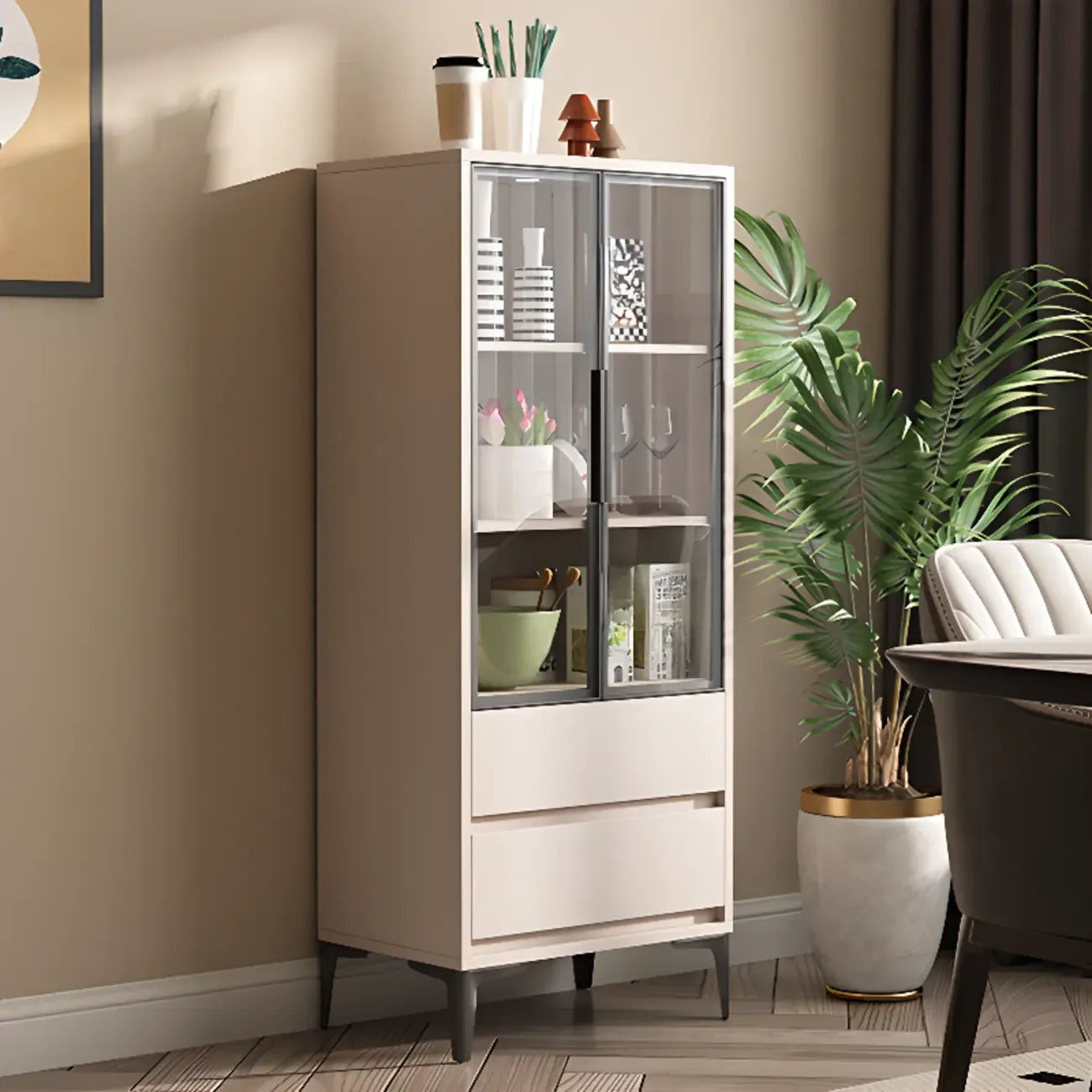 Khaki Wooden Adjustable Shelf Display Cabinet with Drawer