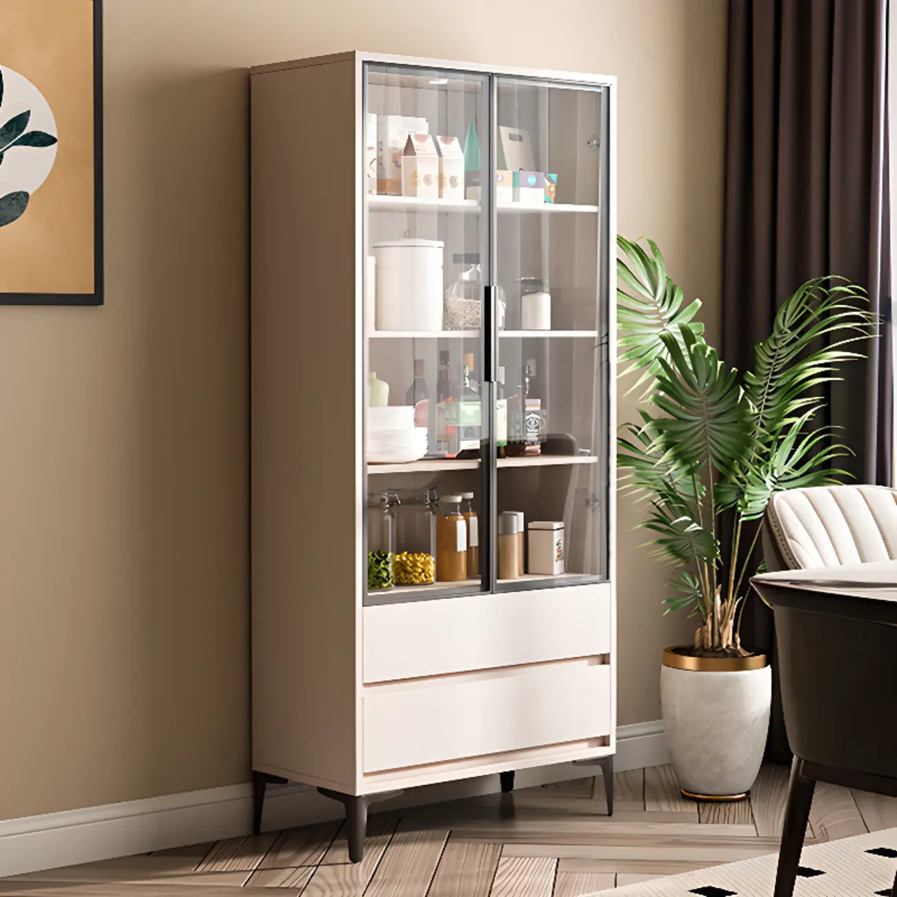 Khaki Wooden Adjustable Shelf Display Cabinet with Drawer