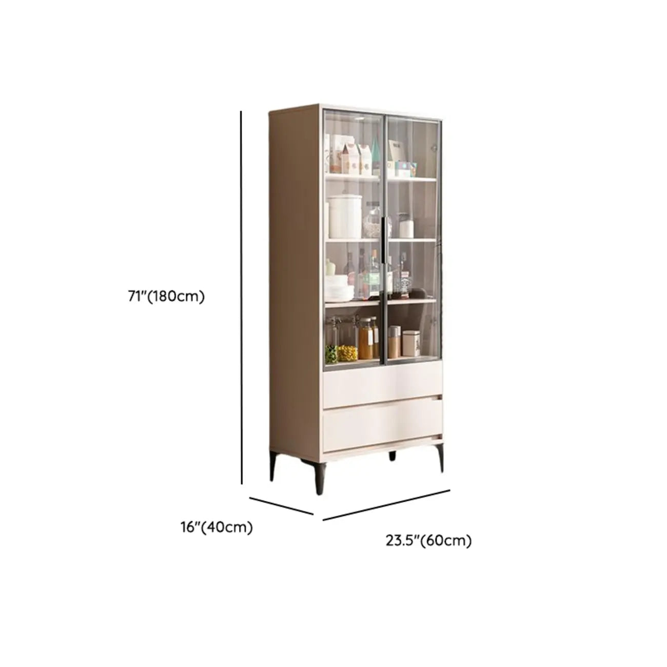 Khaki Wooden Adjustable Shelf Display Cabinet with Drawer
