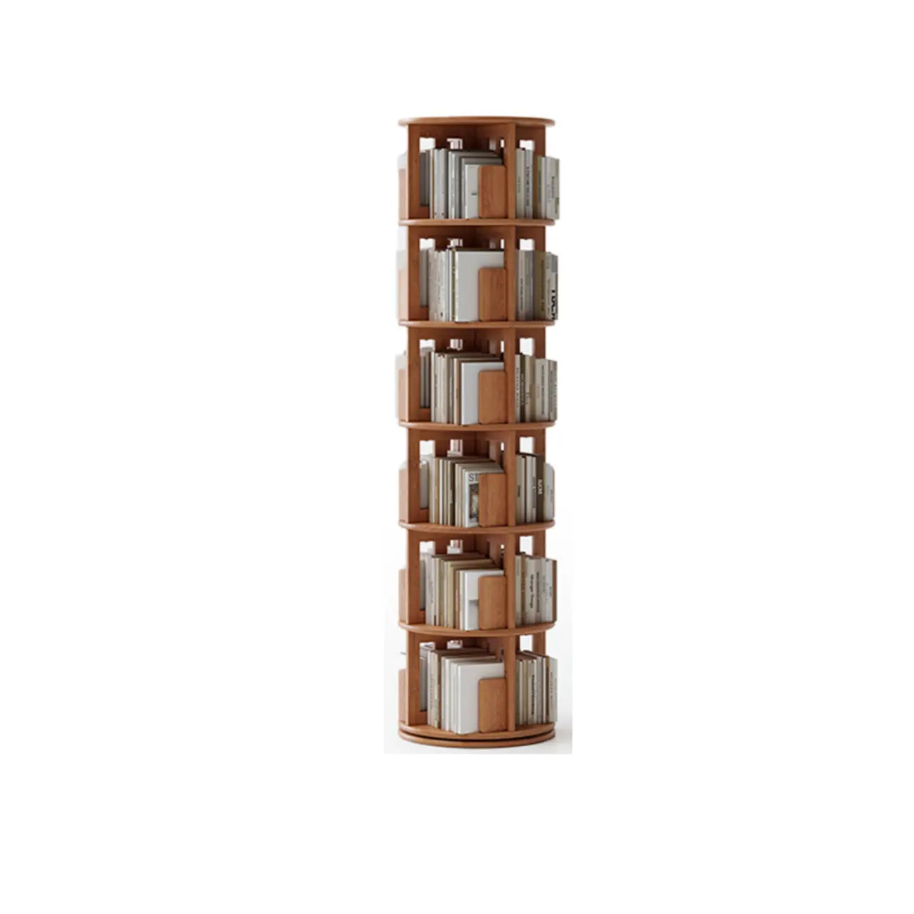 Narrow Cherry Wood Vertical 6 Shelf Rotating Bookshelf