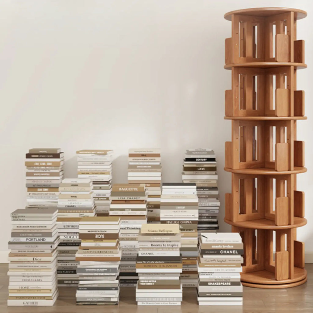 Narrow Cherry Wood Vertical 6 Shelf Rotating Bookshelf