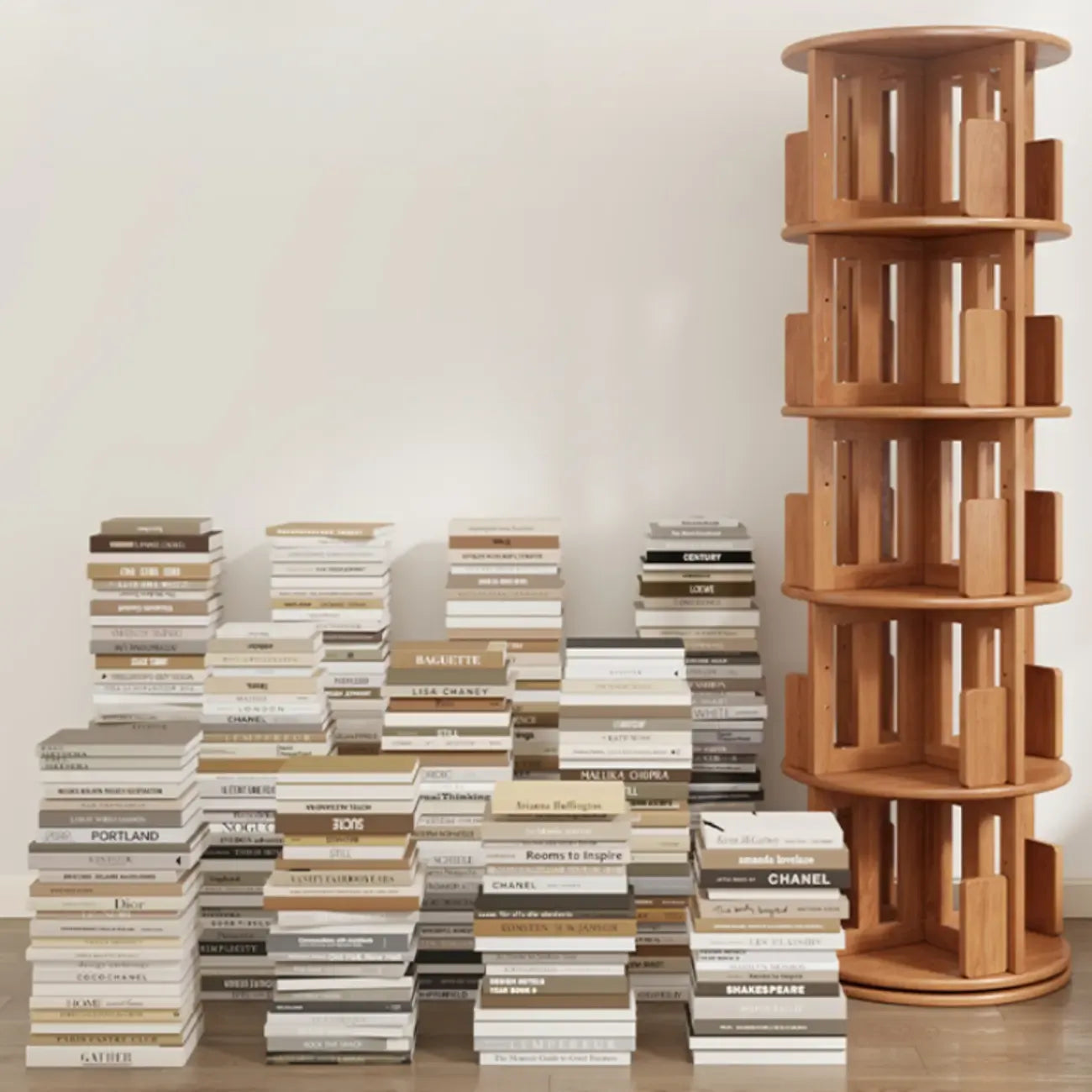 Narrow Cherry Wood Vertical 6 Shelf Rotating Bookshelf