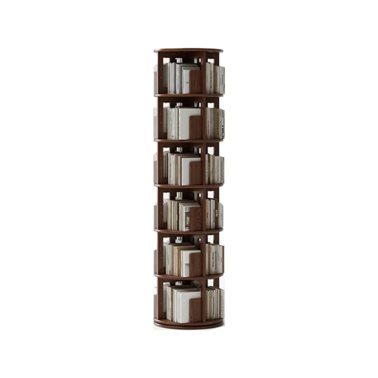 Narrow Cherry Wood Vertical 6 Shelf Rotating Bookshelf