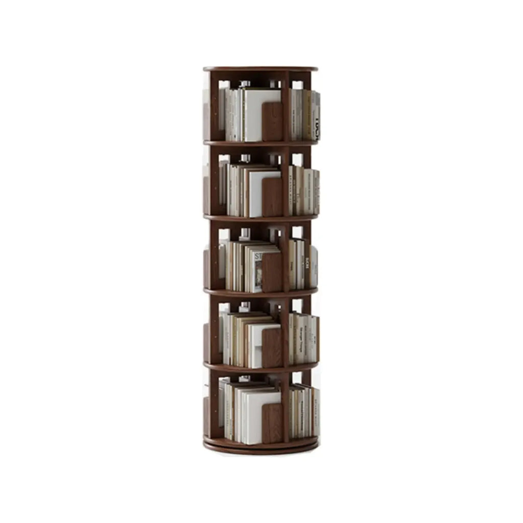 Narrow Cherry Wood Vertical 6 Shelf Rotating Bookshelf