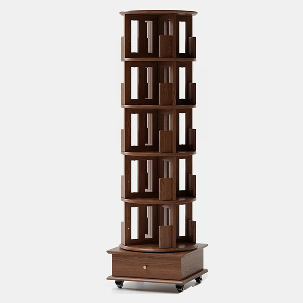 Narrow Cherry Wood Vertical 6 Shelf Rotating Bookshelf