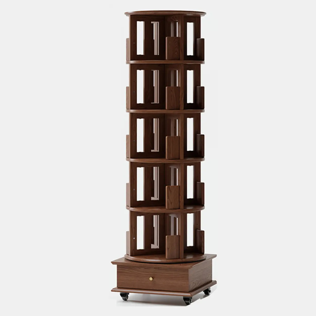 Narrow Cherry Wood Vertical 6 Shelf Rotating Bookshelf