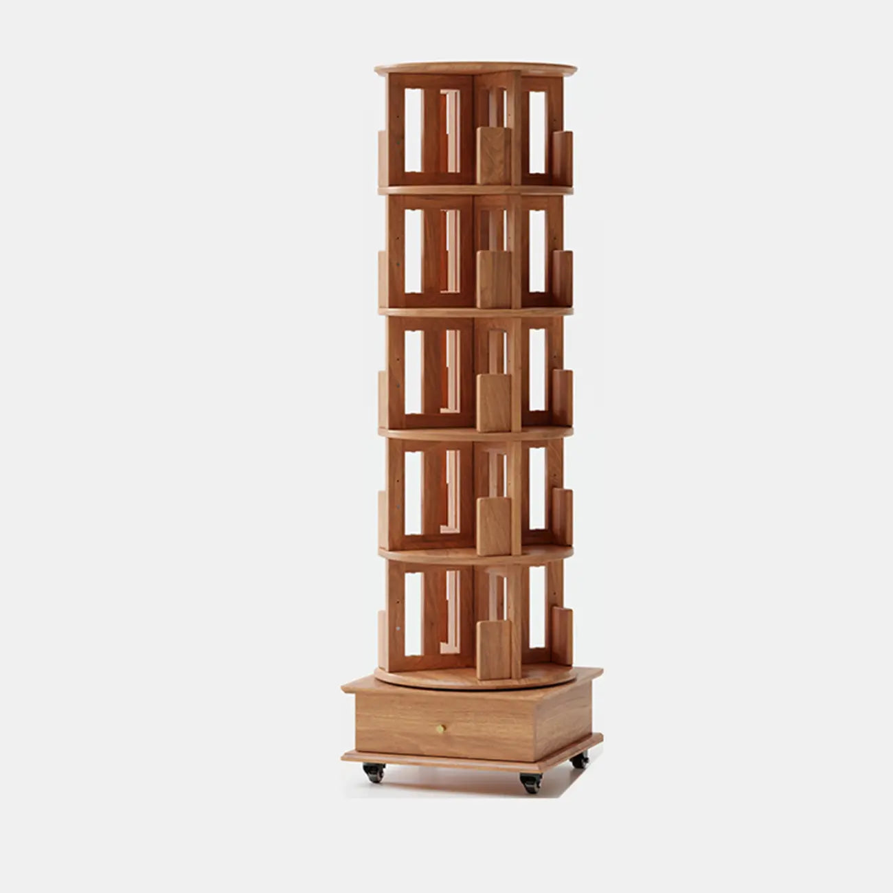Narrow Cherry Wood Vertical 6 Shelf Rotating Bookshelf