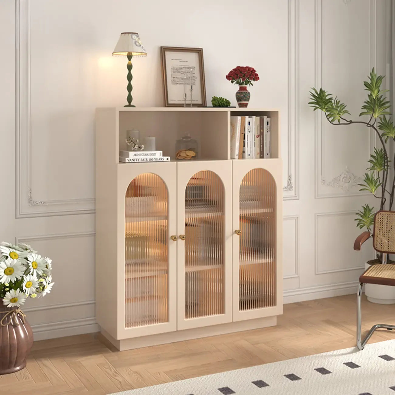 Modern Transparent White Wood Bookcase with Glass Doors