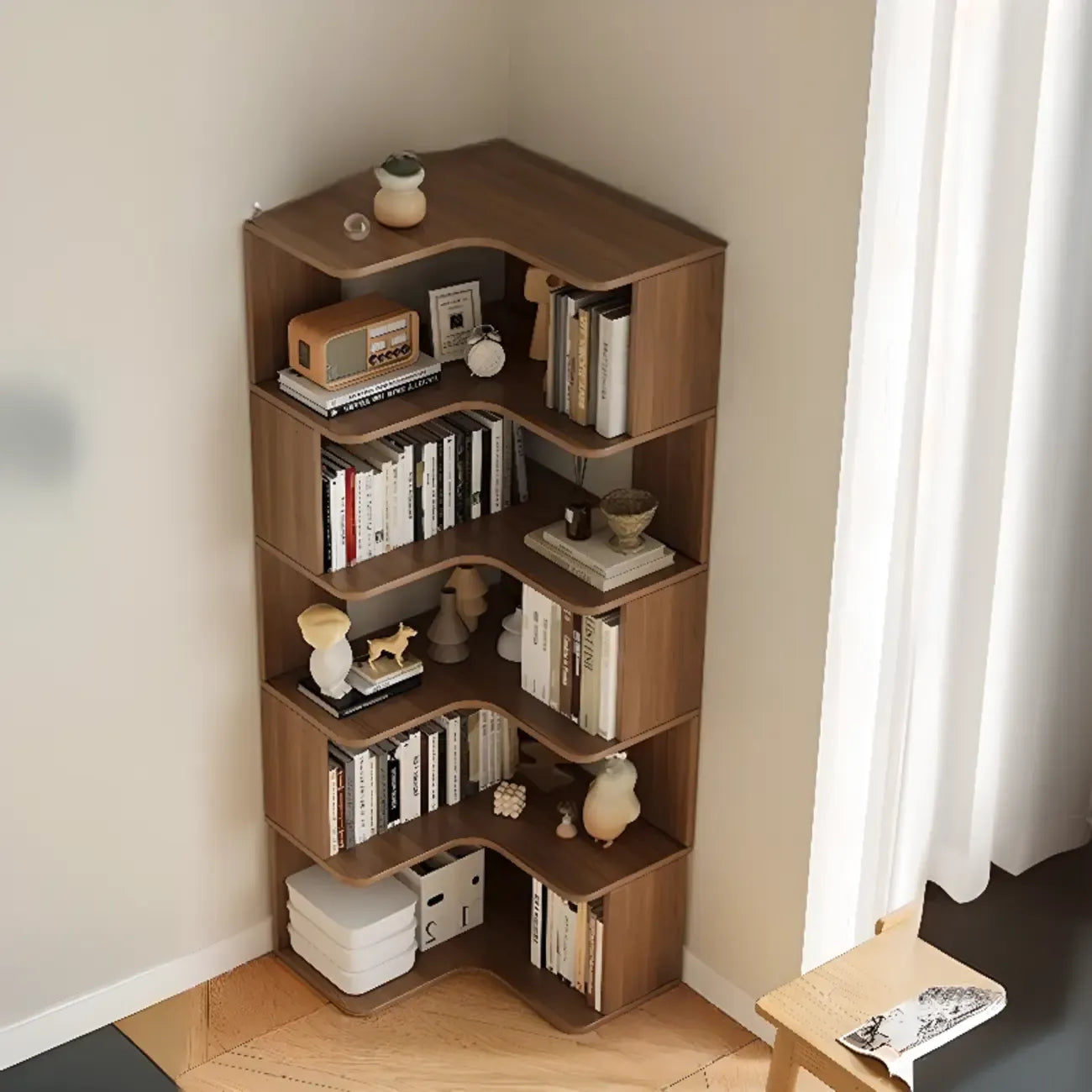 Manufactured Wood Corner Bookshelf with 6 Shelves