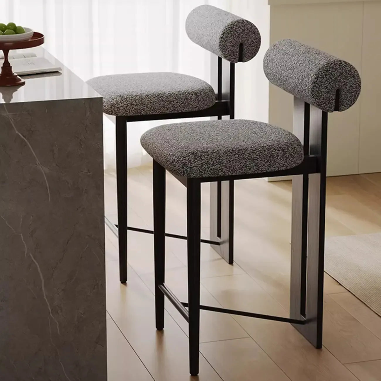 Mid-Century Modern Boucle Wood Counter Bar Stool