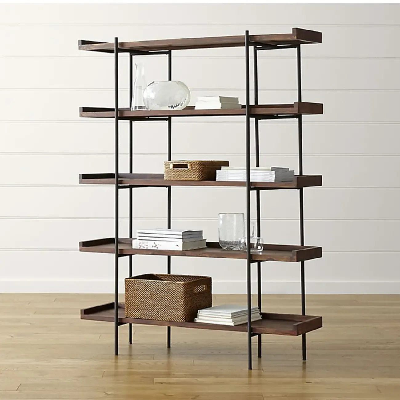 Contemporary Iron Brown Multi-tier Wood Etagere Bookcase