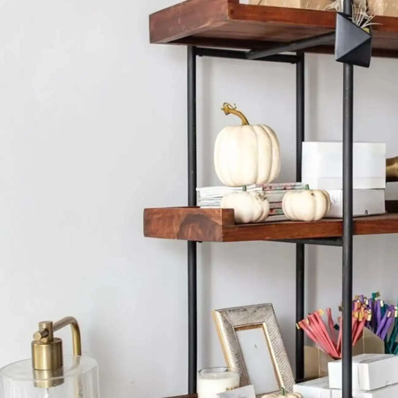 Contemporary Iron Brown Multi-tier Wood Etagere Bookcase