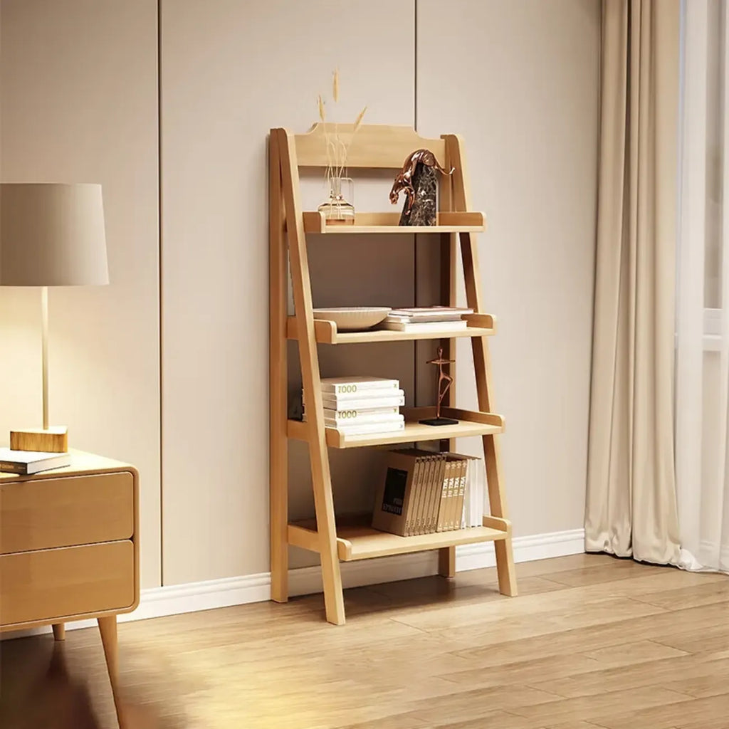 Narrow Modern Rubberwood Ladder Bookcase Open Back