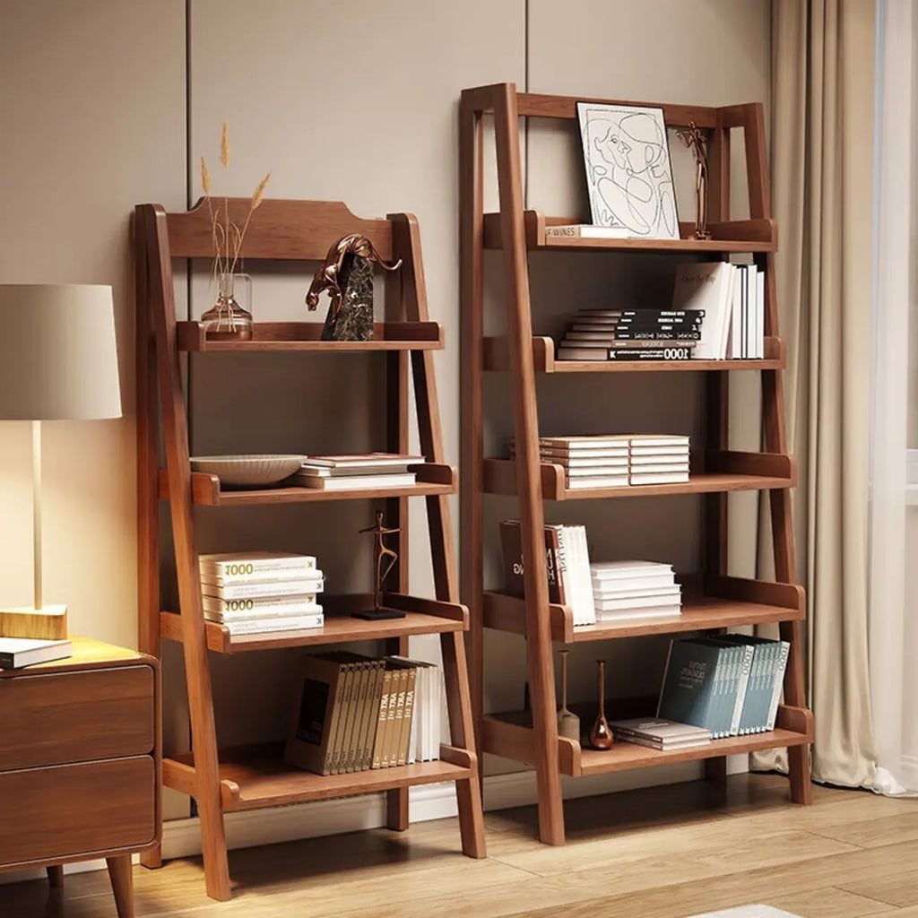 Narrow Modern Rubberwood Ladder Bookcase Open Back