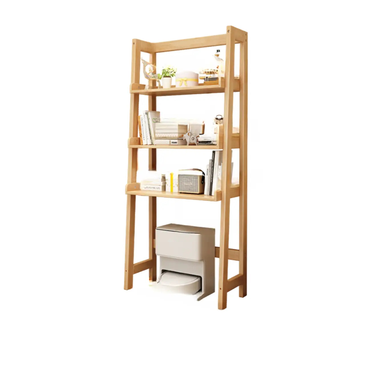 Narrow Modern Rubberwood Ladder Bookcase Open Back