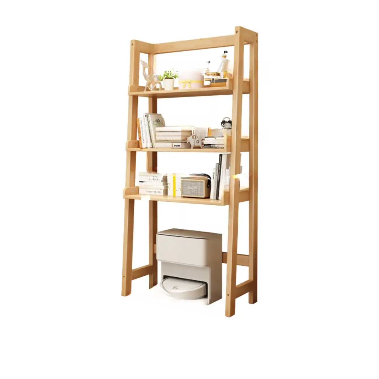 Narrow Modern Rubberwood Ladder Bookcase Open Back