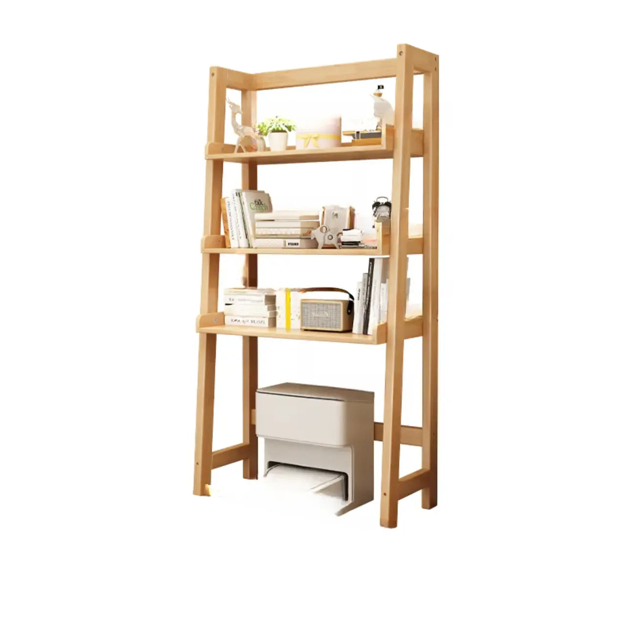 Narrow Modern Rubberwood Ladder Bookcase Open Back