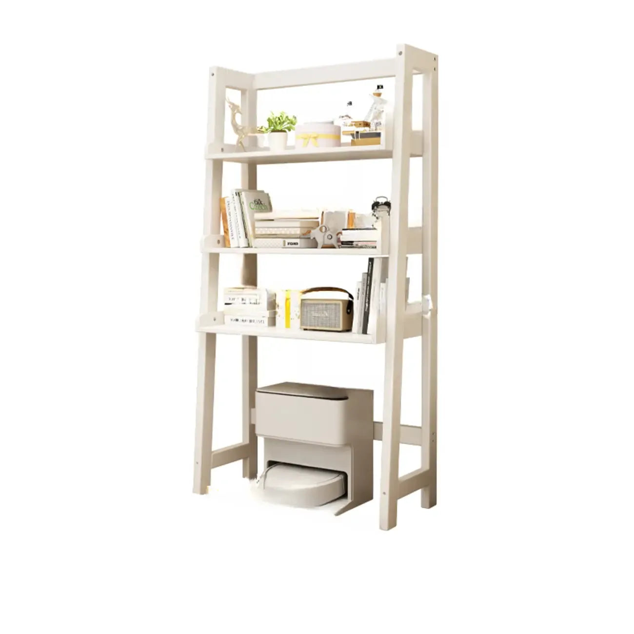 Narrow Modern Rubberwood Ladder Bookcase Open Back
