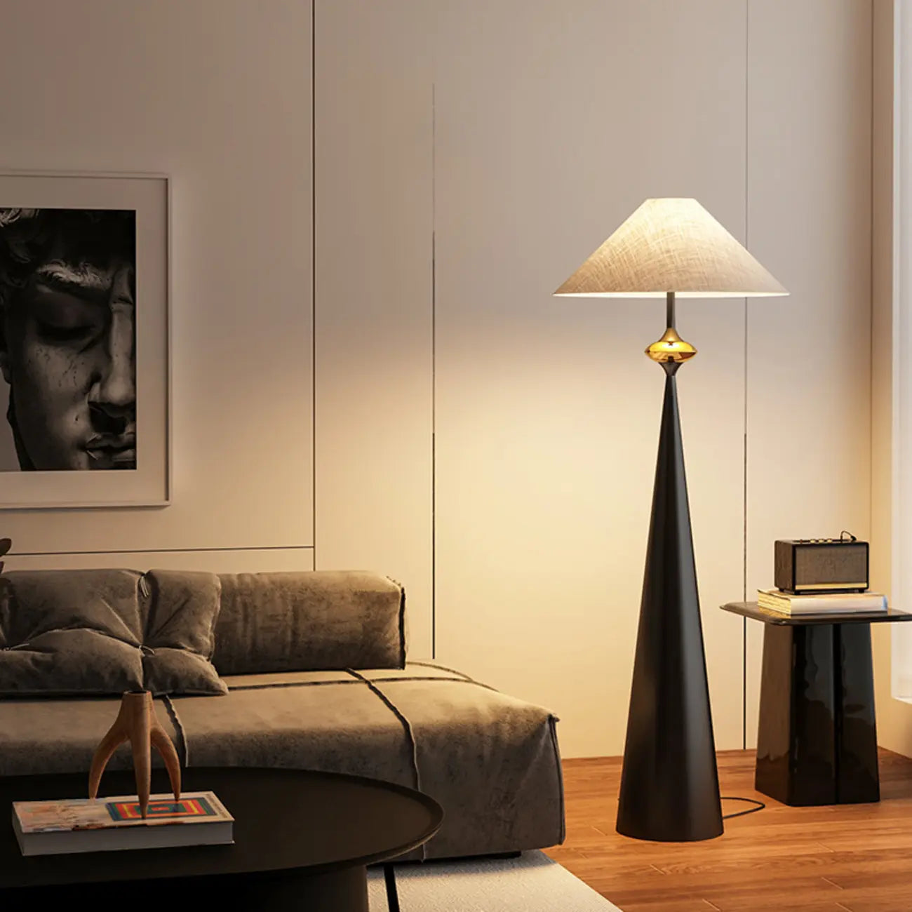 Contemporary Tapered Metal Floor Lamp Fabric Shade