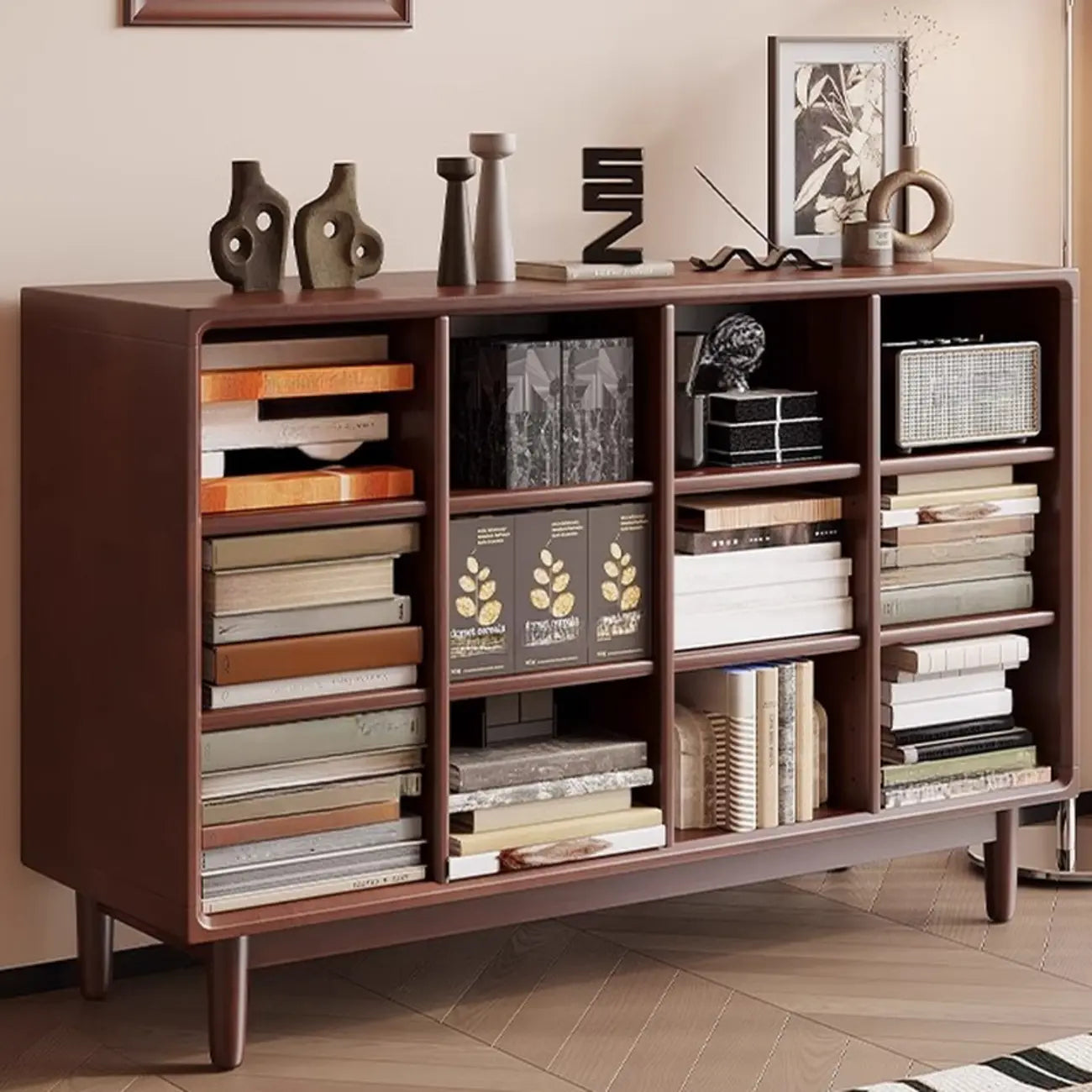 Mid Century Modern Oak Wood Closed Back Standing Bookcase