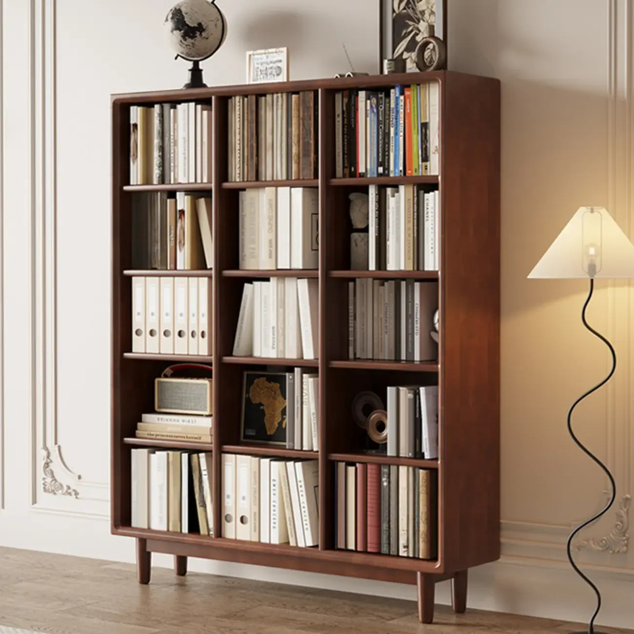 Mid Century Modern Oak Wood Closed Back Standing Bookcase