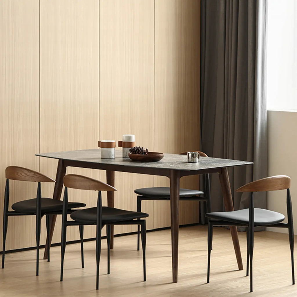 Mid-Century Modern Dining Chair with Black Leather Seat