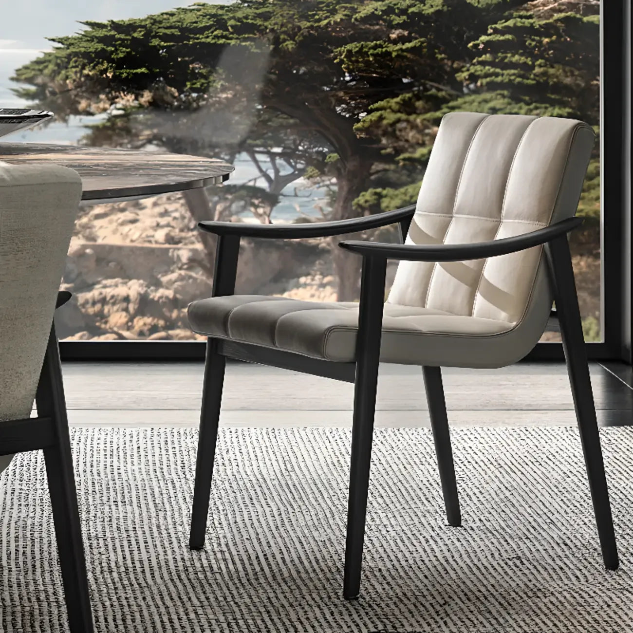 White Tufted Upholstered Wood Dining Chairs With Armrest