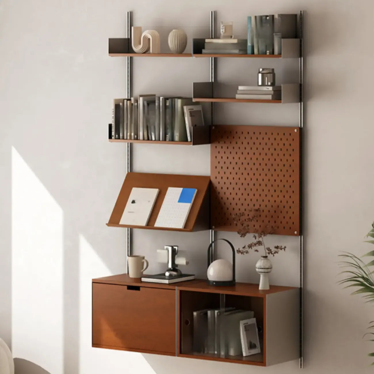 Mid-Century Modern Modular Wall Shelving System Walnut Bookshelf with Pegboard
