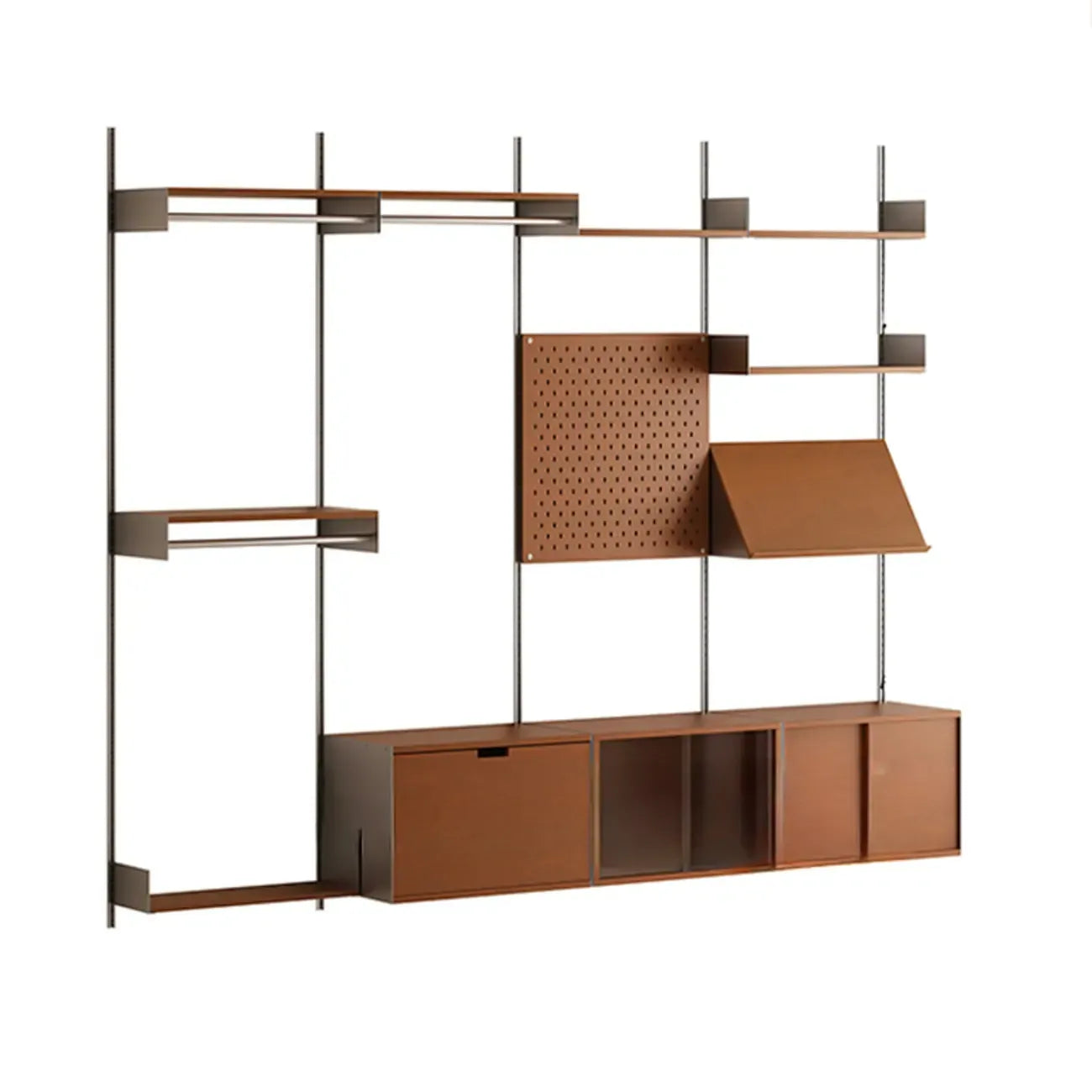 Mid-Century Modern Modular Wall Shelving System Walnut Bookshelf with Pegboard