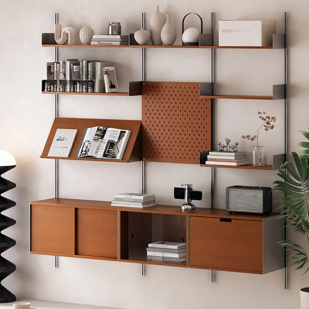 Mid-Century Modern Modular Wall Shelving System Walnut Bookshelf with Pegboard