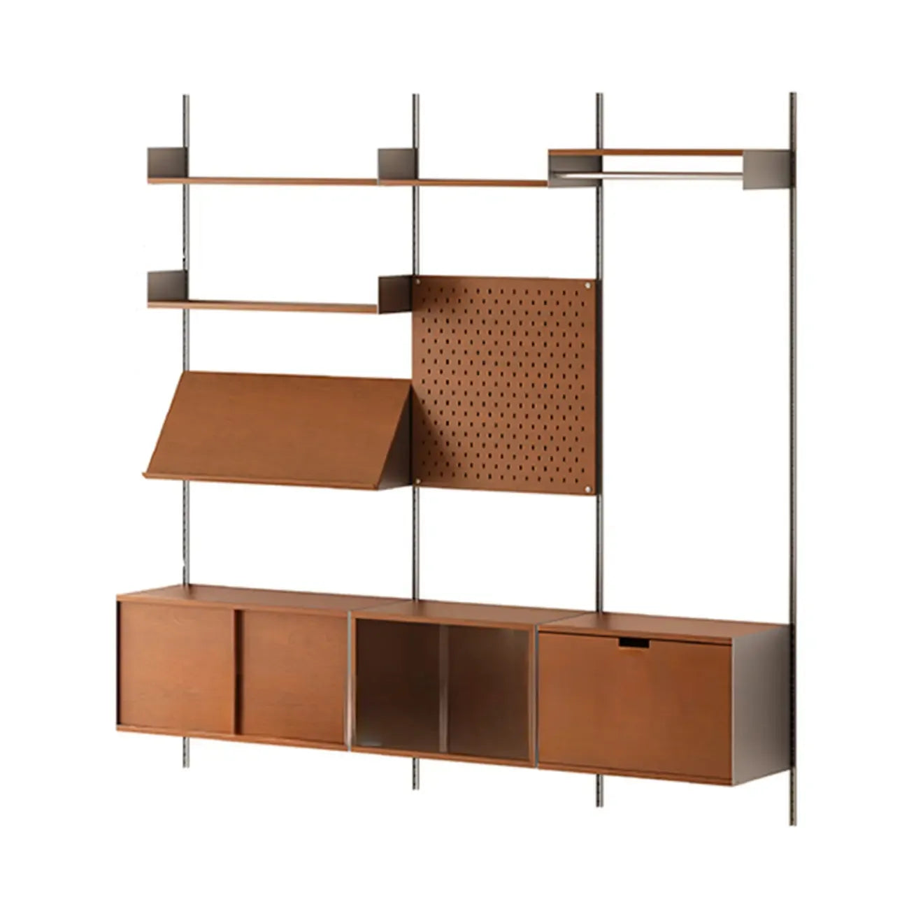 Mid-Century Modern Modular Wall Shelving System Walnut Bookshelf with Pegboard